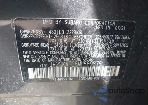 2021 Subaru Forester Premium z USA, uszkodzony, nr VIN JF2SKAFC8MH569875